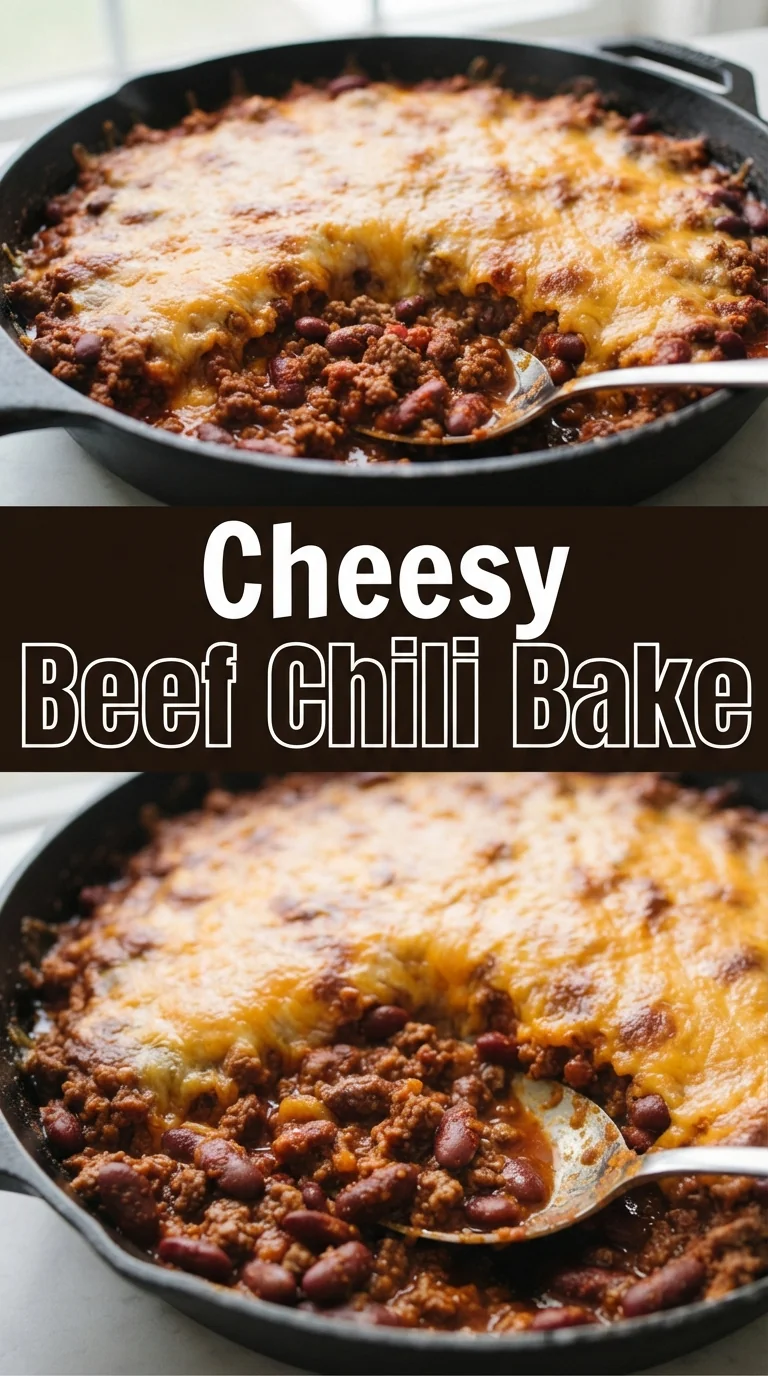 Baked casserole of beef chili topped with melted cheddar cheese, golden crust visible.