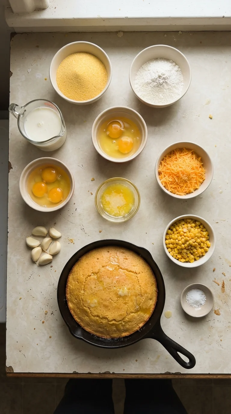 Ingredients for Cheesy Garlic Butter Cornbread Bake