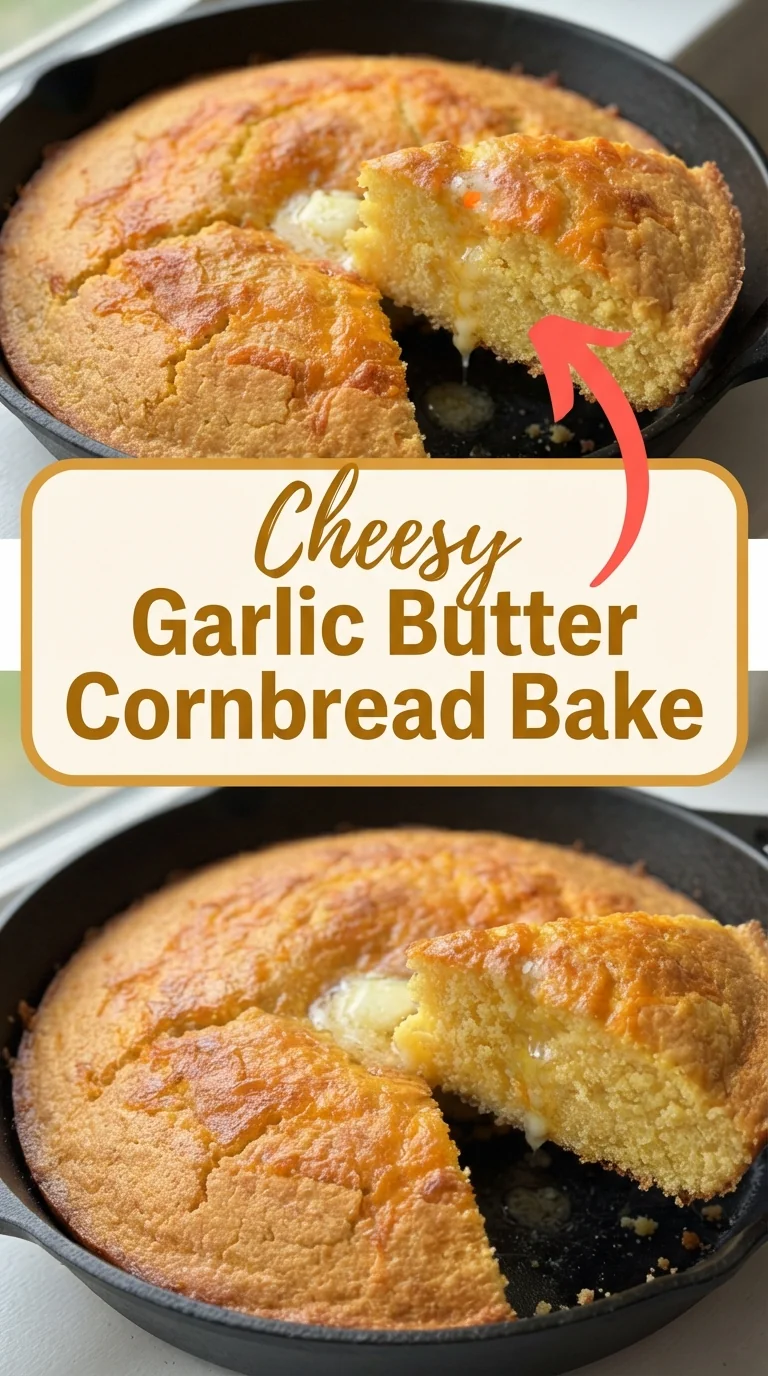 A golden cornbread bake topped with melted cheddar, butter, and visible corn kernels.