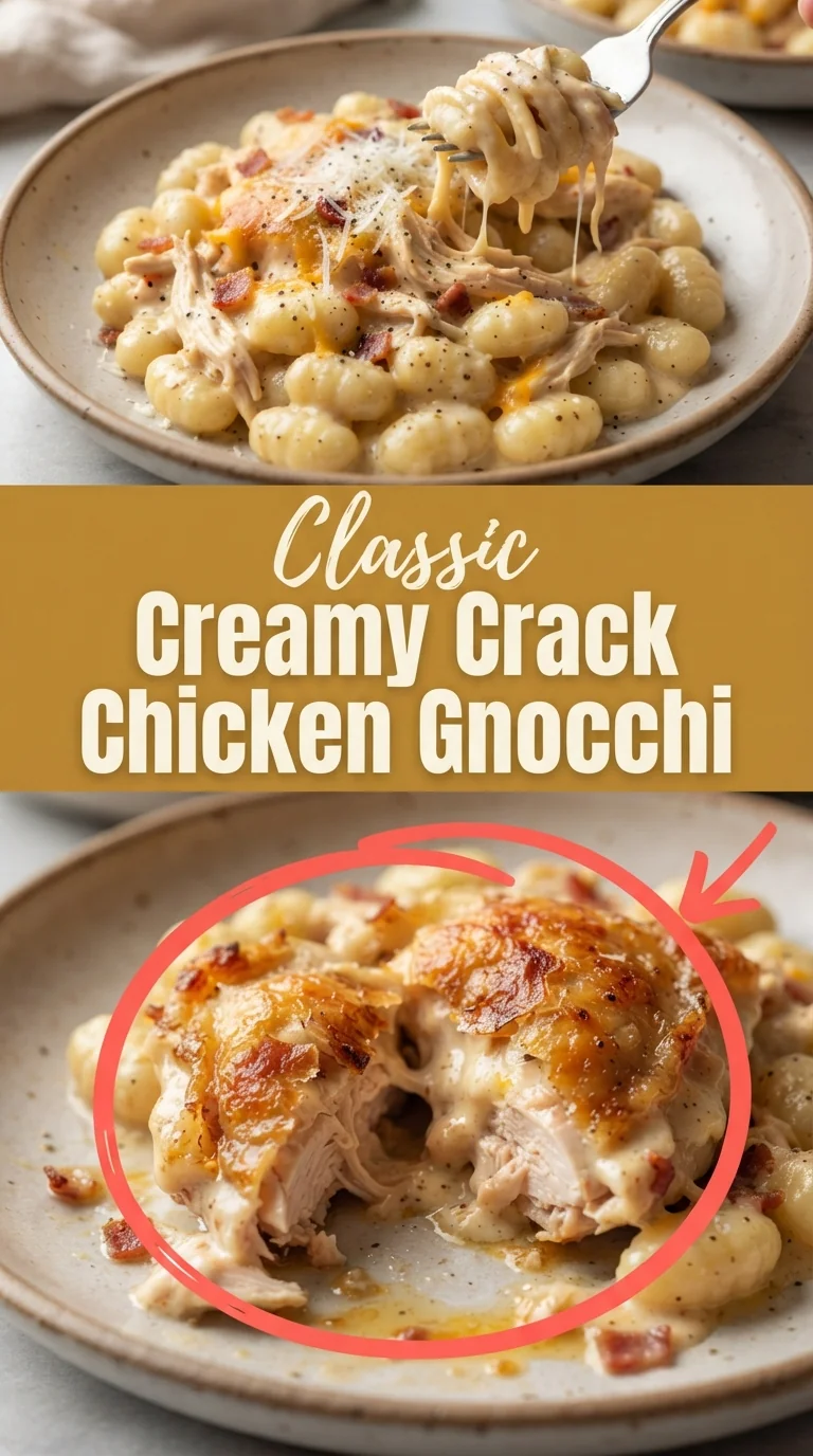 Plate of creamy Parmesan sauce gnocchi topped with shredded chicken, garlic, and chopped parsley.