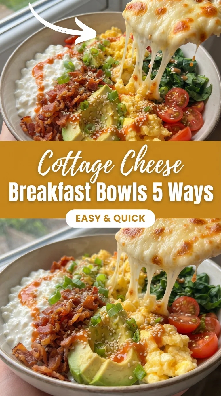 Four bright breakfast bowls filled with cottage cheese, white rice, shredded cabbage, sliced avocado, cheddar cheese and