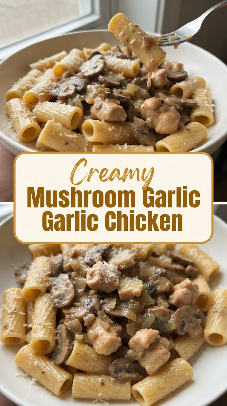 Tender chicken thighs and mushrooms in a creamy garlic sauce tossed with rigatoni.