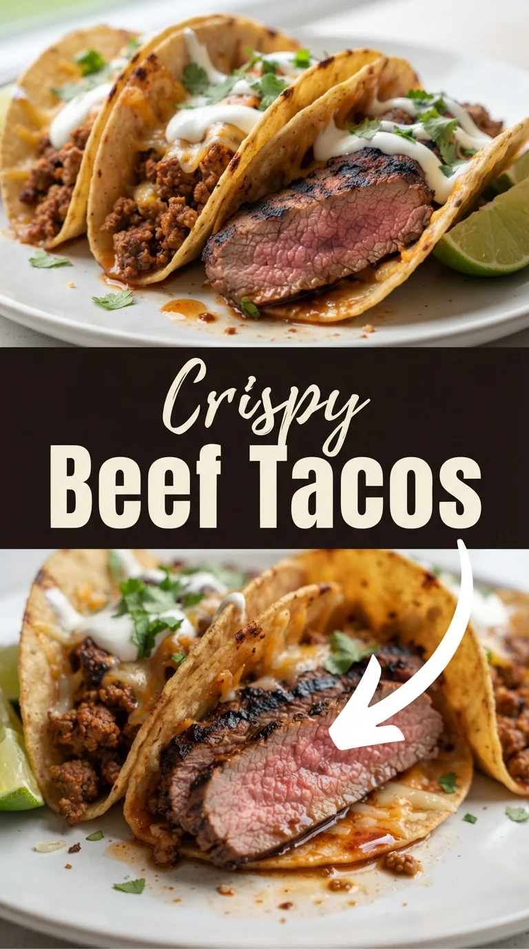 Golden crispy ground beef in corn tortillas topped with shredded cheddar, diced onion, cilantro, sour cream and lime wed