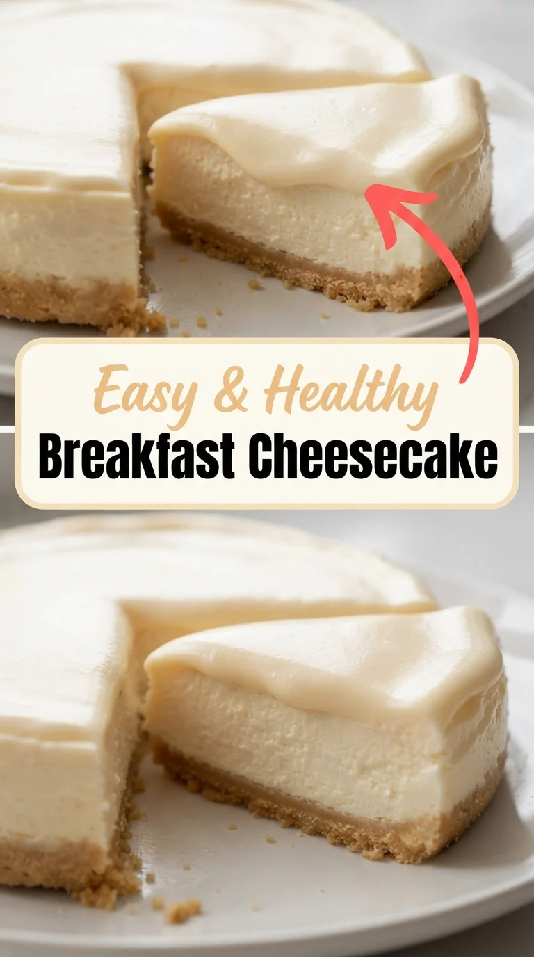 Slice of breakfast cheesecake on a plate, showing creamy top, crumb crust and a hint of cheddar