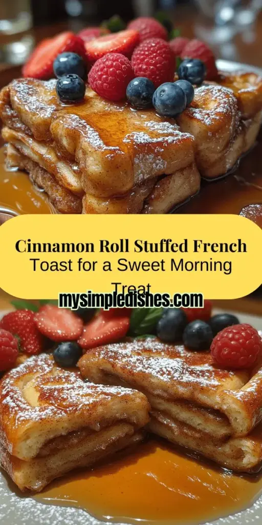 Indulge in the ultimate breakfast experience with Cinnamon Roll Stuffed French Toast! This delightful dish combines the soft, gooey goodness of cinnamon rolls with the classic charm of French toast. Picture thick slices of fluffy bread filled with a sweet cinnamon center, topped with maple syrup, powdered sugar, and fresh berries. Perfect for brunch or a weekend treat, this recipe is sure to impress family and friends while elevating your morning routine. Get inspired and enjoy a delicious breakfast masterpiece!