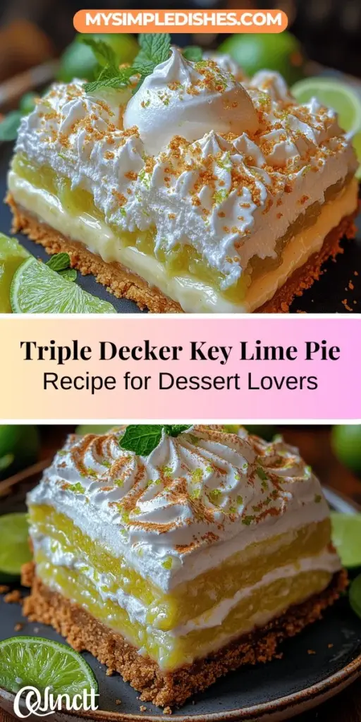 Discover the refreshing twist on a classic dessert with the Triple Decker Key Lime Pie. This delightful recipe features three delicious layers: a crunchy graham cracker crust, a creamy key lime filling, and a light meringue topping, finished off with fluffy whipped cream. Perfect for any occasion, this stunning pie will impress your guests and satisfy your sweet cravings. Join us in making this visually appealing and tasty dessert that captures the essence of the Florida Keys!