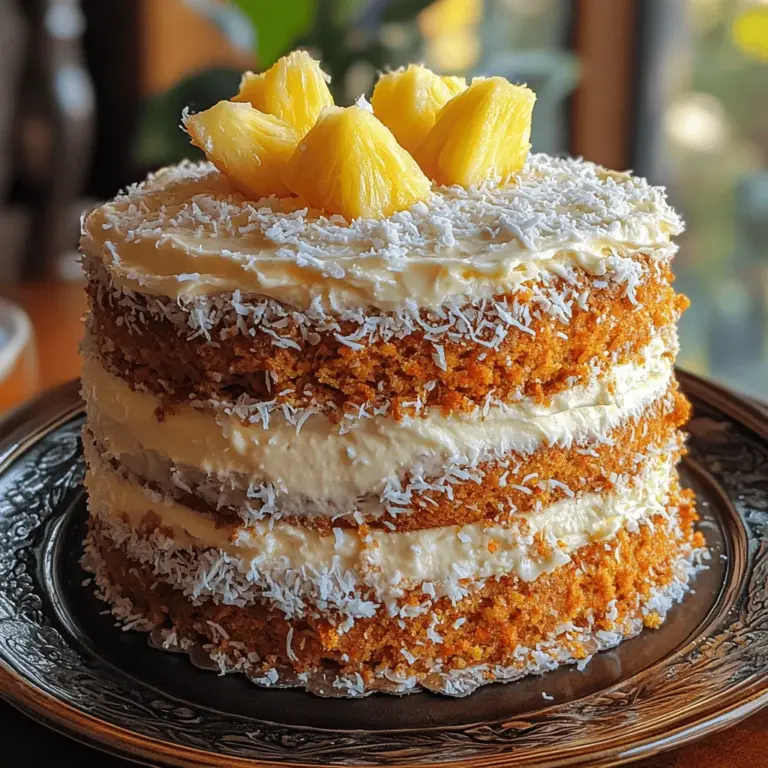 Welcome to a culinary adventure that brings the vibrant tropics to your dessert table! This Pineapple Carrot Cream Cake is not just a treat for your taste buds; it’s a delightful fusion of flavors that celebrates the best of both worlds. Imagine the sweet and tangy notes of fresh pineapple mingling with the earthy sweetness of carrots, all wrapped up in a moist, fluffy cake. Topped with a creamy, luscious cream cheese frosting, this cake is a perfect addition to any gathering, whether it's a birthday, a festive celebration, or simply a treat for yourself.