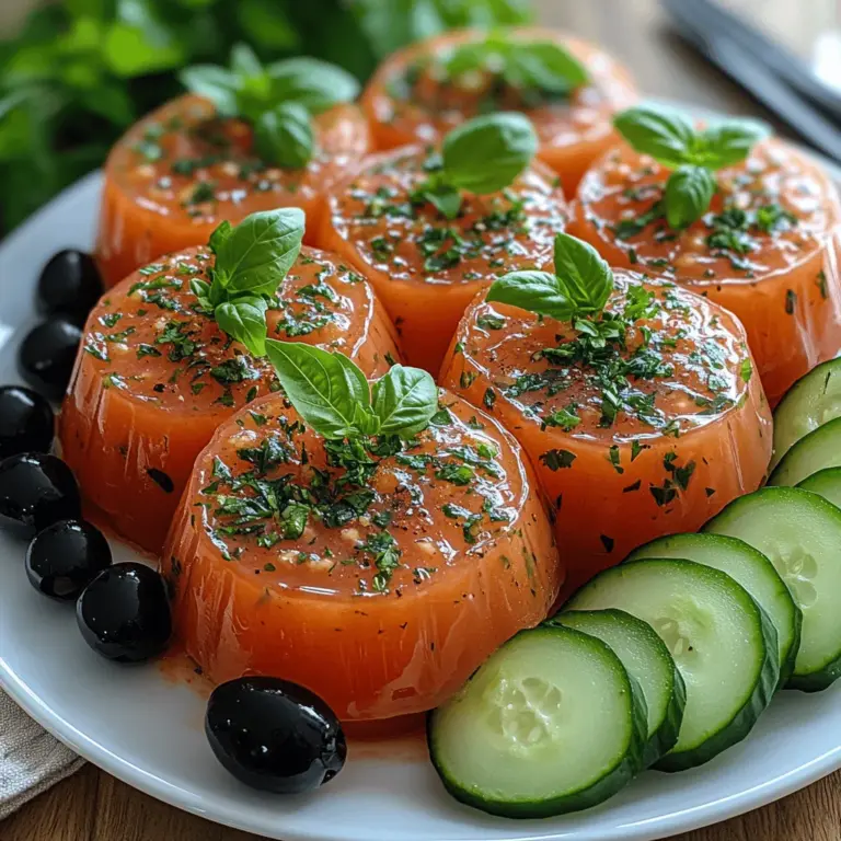 Tomato aspic is a culinary classic that brings together the vibrant flavors of ripe tomatoes and fresh herbs, encased in a delicate gelatinous form. This dish, often served as an appetizer or a refreshing side, has its roots steeped in tradition, often appearing at elegant gatherings and family dinners alike. The beauty of tomato aspic lies not only in its stunning presentation but also in its ability to showcase the essence of seasonal produce. When prepared with fresh ingredients, this dish becomes a light, refreshing meal that perfectly captures the essence of summer.