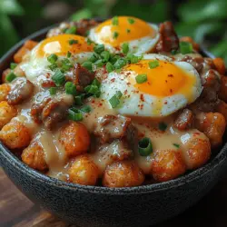 Welcome to the world of comforting breakfasts, where flavors meld together in a delightful and hearty dish known as the Heavenly Tater Tot Breakfast Bowl with Sausage Gravy. This dish is not just a meal but an experience that brings warmth and nostalgia to your table. Imagine a bowl brimming with crispy tater tots, smothered in rich sausage gravy, topped with fluffy scrambled eggs, and sprinkled with melted cheese and fresh green onions. It’s a breakfast option that not only satisfies the morning hunger pangs but also appeals to the cravings of any meal throughout the day.