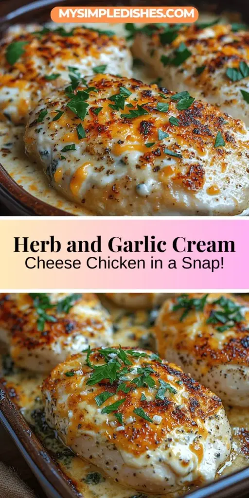 Discover the mouthwatering flavors of Herb and Garlic Cream Cheese Chicken, a perfect solution for busy weeknights or special occasions. This simple recipe combines tender chicken breasts with a rich, creamy herb-infused sauce, delivering a comforting yet elevated dish. With straightforward preparation steps and the option to add nutritious spinach, this meal is both flavorful and easy to make. Impress your loved ones and elevate your cooking game with this delightful recipe!