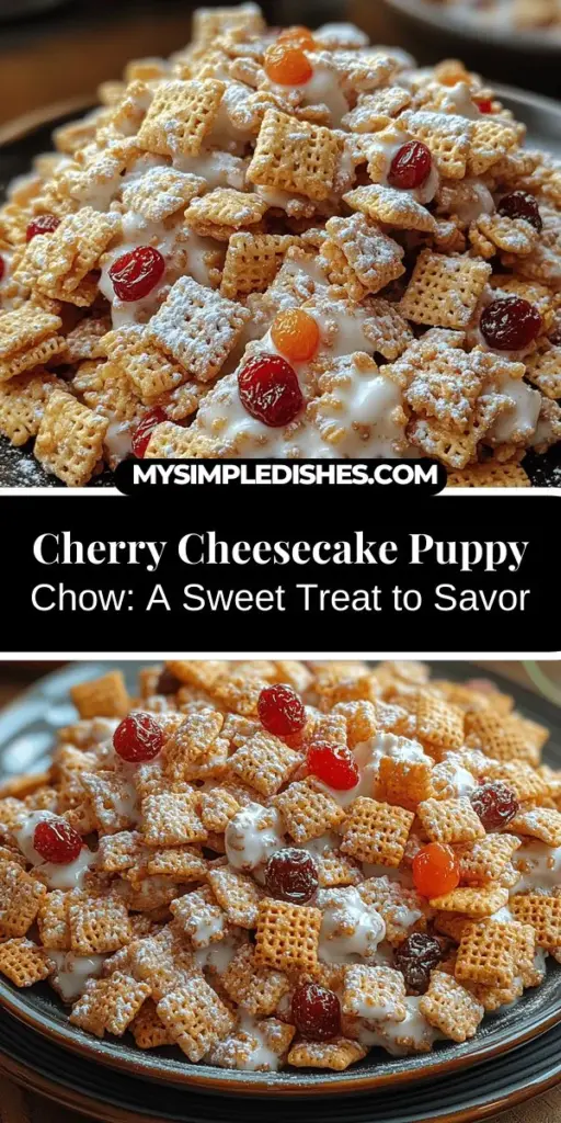 Discover the delightful Cherry Cheesecake Puppy Chow, a fun and easy no-bake snack that combines the flavors of creamy cheesecake and sweet cherries. Perfect for any occasion, from festive gatherings to cozy nights in, this crunchy treat will have everyone asking for seconds. With simple ingredients like Rice Chex, white chocolate, and cherry-flavored raisins, you can whip up this crowd-pleaser in no time. Follow our step-by-step guide to create this delicious indulgence today!