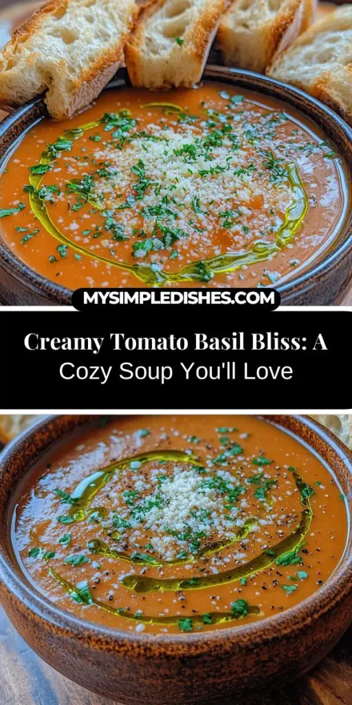 Savor the warm and comforting flavors of Creamy Tomato Basil Bliss, a soup that brings nostalgia and delight to any meal. With a rich blend of tomatoes and fresh basil, this recipe is simple yet versatile, perfect for cozy nights or elegant dinners. Packed with antioxidants and nutrients, it's a nourishing choice for health-conscious eaters. Follow our easy steps to create a creamy, velvety soup that's sure to impress family and friends. Enjoy the joy of homemade cooking with this delightful dish!