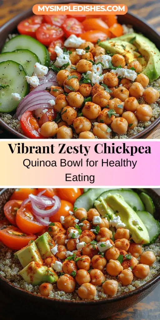 Discover the vibrant Zesty Chickpea Quinoa Bowl, a nutritious delight perfect for any meal. Packed with protein-rich quinoa, fiber-filled chickpeas, and a colorful mix of fresh vegetables, this dish not only looks beautiful but is also a powerhouse of health benefits. With healthy fats from avocado and olive oil, this customizable bowl can be tailored to your taste, making mealtime both satisfying and wholesome. Easily prepared in under 20 minutes, it's ideal for busy days or meal prepping!