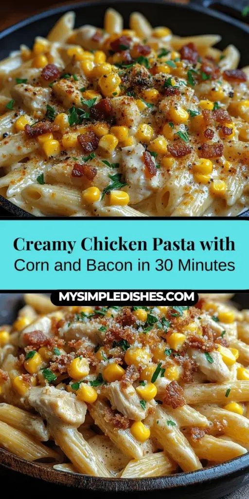 Whip up a comforting dish in under 30 minutes with creamy chicken pasta featuring crispy bacon and sweet corn! This easy recipe combines tender chicken and a velvety sauce for a delightful family dinner or gathering. With wholesome ingredients like penne pasta, fresh herbs, and a touch of lemon juice, every bite is a symphony of flavors. Perfect for busy weeknights, this creamy pasta is a guaranteed crowd-pleaser that will warm hearts and satisfy appetites. Enjoy creating a culinary masterpiece in your own kitchen!