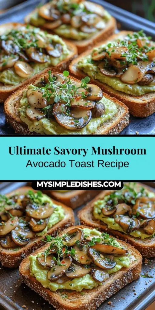 Savor the rich flavors of Savory Mushroom Avocado Toast, a delectable dish that combines creamy avocados with umami-rich sautéed mushrooms. Perfect for breakfast, brunch, or a light lunch, this nutritious meal features wholesome whole-grain bread, seasoned with garlic and thyme for added depth. Easy to prepare and customizable, it's a delicious way to embrace healthy eating. Indulge in this flavor-packed dish that delights the palate and nourishes the body!