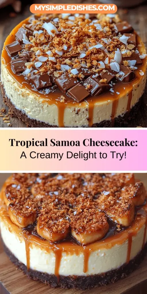 Experience the tropical delight of Samoa Cheesecake, a dessert that combines the creamy richness of cheesecake with the beloved flavors of the Samoa cookie. With a coconut crust, luscious layers of caramel, and decadent chocolate, this treat is perfect for any special occasion or just a sweet indulgence. Learn how to create this impressive dessert step by step, and enjoy a taste that brings everyone together. Perfect for gatherings, this cheesecake is sure to impress!