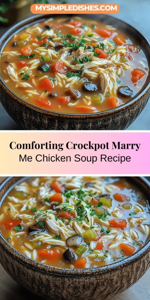 Discover the heartwarming flavors of Crockpot Marry Me Chicken Soup! This comforting dish combines tender chicken, fresh vegetables, and aromatic herbs, making it perfect for busy days and cozy dinners alike. With easy ingredients and a simple slow-cooking method, you can enjoy a delicious, nutritious meal without the hassle. Ideal for romance or self-indulgence, this soup promises to delight and satisfy every time. Embrace the warmth and joy it brings to your table!
