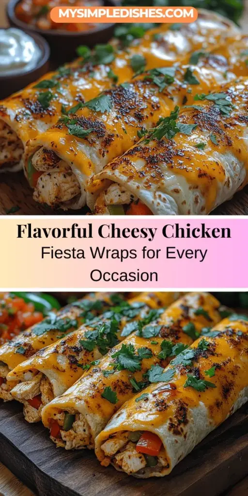 Discover the deliciousness of Cheesy Chicken Fiesta Wraps, perfect for any occasion! This easy-to-follow recipe combines tender chicken, melty cheeses, and colorful veggies all wrapped in a soft tortilla. Ideal for busy weeknights or fun meal prep, these wraps are highly customizable to fit any dietary needs or preferences. Whether you're hosting a gathering or just want a satisfying meal, these flavor-packed wraps will always hit the spot. Enjoy cooking and delight in every bite!