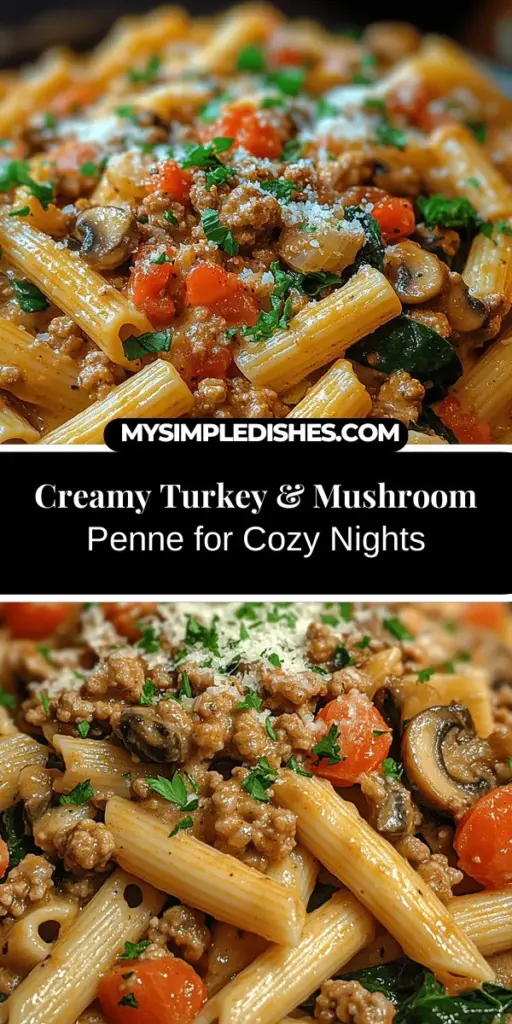 Discover a comforting twist on pasta with Savory Turkey & Mushroom Penne Delight. This irresistible dish features lean ground turkey, earthy cremini mushrooms, and vibrant spinach all enveloped in a rich, creamy sauce. It's simple to prepare, making it perfect for busy weeknights or cozy family dinners. Packed with nutrients and bursting with flavor, this recipe is sure to impress everyone at the table. Dive into this mouthwatering meal and bring warmth to your kitchen!