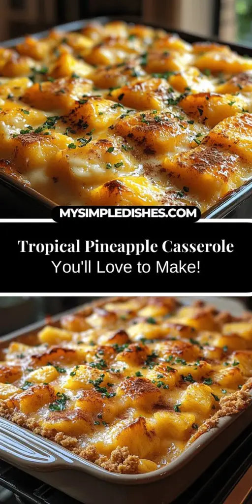 Discover the Tropical Delight Pineapple Casserole, a colorful and flavorful dish that blends sweet pineapple with creamy cheddar cheese. Perfect for barbecues, potlucks, or as a unique dessert, this casserole is easy to prepare and sure to impress. With minimal ingredients and simple steps, enjoy a symphony of tastes that balances sweet and savory. Experience the vibrant essence of the tropics right from your kitchen with this delightful recipe!