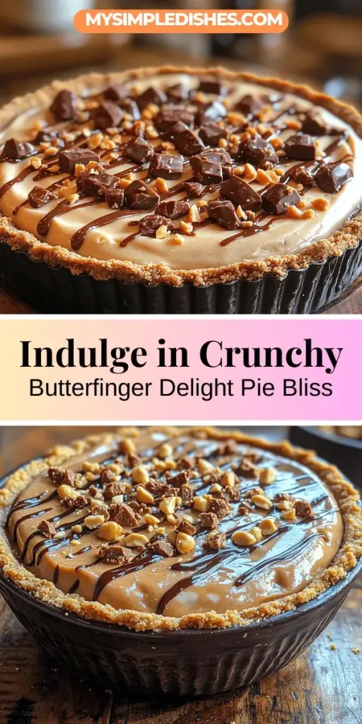 Indulge in the ultimate sweet treat with the Crunchy Butterfinger Delight Pie! This luscious dessert combines creamy filling with the nostalgic crunch of Butterfinger candy bars, making it a crowd-pleaser for any occasion. Crafted with a buttery graham cracker crust, rich cream cheese, and crunchy peanut butter, each bite delivers a delightful explosion of flavors. Easy to prepare, it's perfect for gatherings or simply satisfying your sweet tooth. Treat yourself and impress your loved ones with this irresistible pie!
