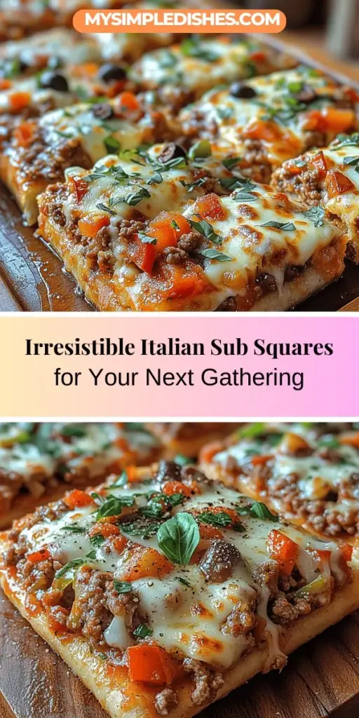 Discover the delicious blend of flavors in Italian Sub Squares, a creative twist on the classic Italian sub sandwich! Perfect for family dinners, potlucks, or casual gatherings, this dish features savory Italian sausage, ground beef, colorful bell peppers, and gooey provolone and mozzarella, all baked in a flaky pizza dough. Easy to customize, these cheesy squares are sure to impress everyone at the table. Get ready to enjoy a slice of Italy with every bite!