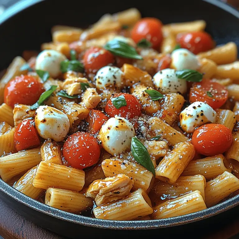 Caprese Chicken Pasta Skillet is a delightful fusion of classic Italian flavors and a quick, one-pan cooking method that makes it ideal for busy weeknights. This dish brings together tender chicken, al dente penne pasta, fresh tomatoes, and creamy mozzarella in a vibrant medley that not only pleases the palate but also presents beautifully on any dinner table. The freshness of the ingredients combined with the ease of preparation ensures that you can enjoy a restaurant-quality meal at home without the fuss.