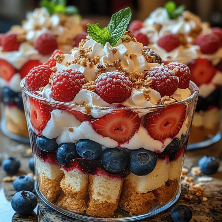 If you're looking for a dessert that perfectly balances sweetness and freshness, the Berry Bliss Trifle Cups are an excellent choice. These delightful individual servings combine layers of luscious, fresh mixed berries, airy whipped cream, creamy Greek yogurt, and a soft, spongy cake, creating a dessert that is not only visually appealing but also bursting with flavor. The lightness of these trifle cups makes them an ideal treat for various occasions, whether it's a family gathering, a summertime picnic, or a sophisticated finish to an elegant dinner.