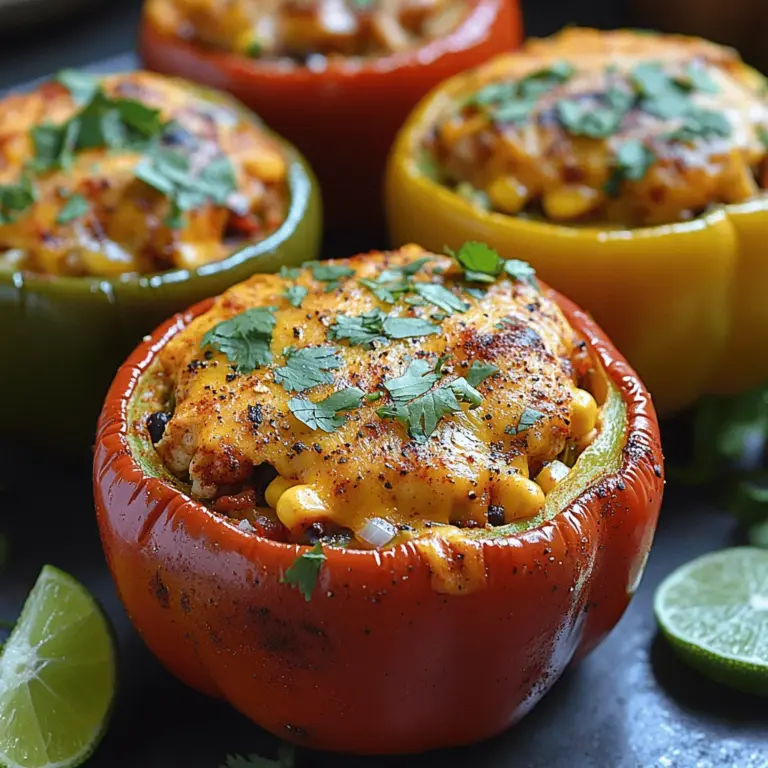 At the heart of this recipe are the bell peppers, which serve as both the vessel and a key component of the dish. These vibrant vegetables come in various colors, including red, yellow, orange, and green, each providing a unique flavor profile and visual appeal. Bell peppers are not only delicious but also packed with nutritional benefits. They are rich in vitamins A and C, which are crucial for maintaining a healthy immune system and promoting skin health. Additionally, bell peppers are low in calories, making them an excellent choice for those looking to enjoy a filling meal without overindulging. Their natural sweetness and crunch add texture and flavor to the dish, creating a delightful contrast with the spicy chicken filling.