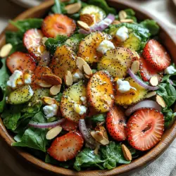 As the seasons change and warmer weather approaches, the appeal of fresh salads becomes even more pronounced. Salads are not just side dishes; they can be vibrant, flavorful meals that embody the essence of health and wellness. One such delightful option is the Refreshing Strawberry Poppy Seed Delight—a salad that marries the sweetness of fresh strawberries with the crunch of slivered almonds and the creaminess of feta cheese, all tossed together with mixed greens. This salad is not only a feast for the eyes but also a burst of flavor and nutrition that can elevate any meal, whether enjoyed as a light lunch or served as a side at gatherings and picnics.