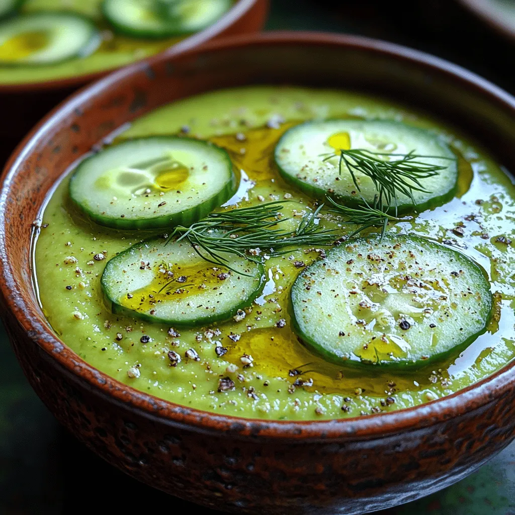 In this refreshing chilled soup, the use of fresh dill and a splash of lemon juice are crucial for adding brightness and aroma. Dill, with its delicate flavor, complements the coolness of cucumbers and the creaminess of avocados, elevating the overall taste profile of the dish. The addition of fresh lemon juice not only enhances the soup's freshness but also provides a hint of acidity that balances the richness of the avocado. Together, these ingredients transform a simple dish into a vibrant culinary experience, offering a delightful contrast to the creamy base.