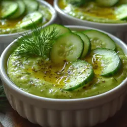 In this refreshing chilled soup, the use of fresh dill and a splash of lemon juice are crucial for adding brightness and aroma. Dill, with its delicate flavor, complements the coolness of cucumbers and the creaminess of avocados, elevating the overall taste profile of the dish. The addition of fresh lemon juice not only enhances the soup's freshness but also provides a hint of acidity that balances the richness of the avocado. Together, these ingredients transform a simple dish into a vibrant culinary experience, offering a delightful contrast to the creamy base.