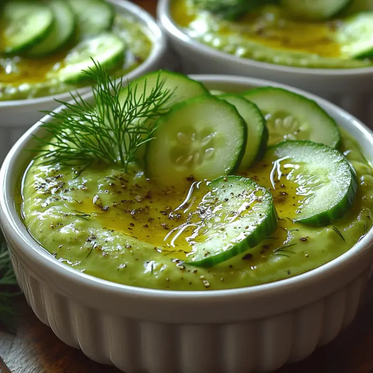 In this refreshing chilled soup, the use of fresh dill and a splash of lemon juice are crucial for adding brightness and aroma. Dill, with its delicate flavor, complements the coolness of cucumbers and the creaminess of avocados, elevating the overall taste profile of the dish. The addition of fresh lemon juice not only enhances the soup's freshness but also provides a hint of acidity that balances the richness of the avocado. Together, these ingredients transform a simple dish into a vibrant culinary experience, offering a delightful contrast to the creamy base.