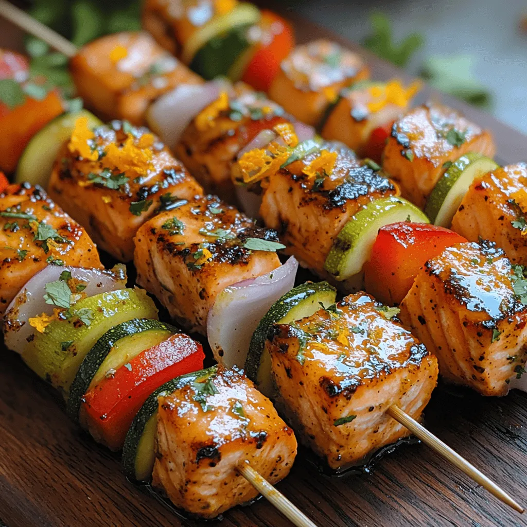 1. <strong>Cut the Salmon</strong>: Begin by cutting the salmon into even cubes, approximately 1-inch in size. This ensures that they cook evenly on the grill. If you’re using skin-on salmon, it’s best to remove the skin for skewering.” /></p>
</p>
<p><strong>Serving Suggestions</strong></p>
</p>
<p>When it comes to serving your Zingy Orange Ginger Salmon Skewers, presentation can elevate your dish from ordinary to extraordinary. Start by arranging the skewers on a vibrant platter, garnished with fresh herbs like cilantro or parsley for a pop of color. A drizzle of the leftover marinade or a zesty orange reduction can enhance the dish visually and add an extra layer of flavor.</p>
</p>
<p>For side dishes, consider pairing the skewers with a light and refreshing quinoa salad, which balances the rich taste of the salmon. Create a salad with diced cucumbers, cherry tomatoes, red onion, and a squeeze of lemon for a blend of textures and flavors. Another excellent option is a simple vegetable stir-fry, featuring seasonal vegetables such as bell peppers, snap peas, and carrots, tossed in a light soy sauce or sesame dressing.</p>
</p>
<p>When it comes to beverages, a crisp white wine, such as Sauvignon Blanc or a sparkling wine, complements the citrusy flavors of the salmon beautifully. If you’re looking for a non-alcoholic option, a refreshing ginger lemonade or a citrus-infused iced tea can be equally delightful, making your meal feel fresh and inviting.</p>
</p>
<p>Seasonal variations can also enhance this dish. In the summer, try adding chunks of zucchini or bell peppers to the skewers for a colorful twist. In fall, consider incorporating sweet potatoes, which can be par-cooked before skewering for a heartier option. These adaptations not only provide variety but also allow your dish to be versatile across different occasions.</p>
</p>
<p><strong>Storing and Reheating</strong></p>
</p>
<p>Proper storage of your Zingy Orange Ginger Salmon Skewers is essential for maintaining their delicious flavors. If you have leftovers, let the skewers cool to room temperature before transferring them to an airtight container. They can be stored in the refrigerator for up to three days. To ensure freshness, it’s best to consume them within this time frame, as the citrus marinade can cause the fish to begin breaking down.</p>
</p>
<p>When reheating, there are a few methods to consider. The microwave is quick but may dry out the salmon if not monitored closely. Instead, opt for reheating in the oven. Preheat the oven to 350°F (175°C), place the skewers on a baking sheet, and cover them with aluminum foil to retain moisture. Heat for about 10-15 minutes or until warmed through. This method helps preserve both flavor and texture, making for a delicious second serving.</p>
</p>
<p>If you wish to prepare skewers in advance, freezing is an option. You can freeze the marinated salmon before cooking, which can extend its shelf life for up to three months. Wrap the skewers tightly in plastic wrap and then in aluminum foil before placing them in the freezer. When ready to cook, simply thaw in the refrigerator overnight and grill or bake as instructed. However, once cooked, it’s best to consume the skewers within a few days to ensure optimal taste and quality.</p>
</p>
<p><strong>Nutritional Information</strong></p>
</p>
<p>Understanding the nutritional profile of your Zingy Orange Ginger Salmon Skewers can help you appreciate their health benefits. Each serving contains approximately 250-300 calories, depending on the portion size and side dishes. The salmon is an excellent source of high-quality protein, delivering about 25 grams per serving, crucial for muscle repair and overall health.</p>
</p>
<p>In addition to being protein-rich, salmon is high in omega-3 fatty acids, which are known for their anti-inflammatory properties and heart health benefits. The inclusion of ginger not only adds a zesty kick but also boasts digestive benefits and can potentially help lower blood sugar levels. The orange juice contributes vitamin C, which is essential for immune function and skin health.</p>
</p>
<p>From a dietary perspective, this dish is gluten-free, making it suitable for those with gluten intolerance. While it is not vegan, it can easily be adapted for plant-based diets by substituting the salmon with firm tofu or tempeh, marinating them similarly. This allows everyone to enjoy the bright flavors of the dish while aligning with their dietary preferences.</p>
</p>
<p><strong>Cultural and Historical Context</strong></p>
</p>
<p>The origins of salmon skewers can be traced back to various cultures around the world, where grilling seafood has been a popular cooking method for centuries. In many coastal regions, particularly in Asia and the Pacific Northwest of the United States, salmon is a staple ingredient, celebrated for its rich taste and nutritional benefits. The use of skewering not only makes for easy handling while grilling but also allows for a delightful combination of flavors and textures.</p>
</p>
<p>The infusion of orange and ginger in this recipe reflects a culinary trend that merges traditional flavors with modern tastes. In Asian cuisines, ginger has long been revered for its warming properties and is often used to enhance seafood dishes. The addition of citrus, particularly in the form of orange, introduces a refreshing quality that balances the dish, a technique common in many Mediterranean and Asian recipes.</p>
</p>
<p>Over time, variations of this dish have evolved, reflecting local ingredients and preferences. For instance, in parts of Southeast Asia, skewered seafood is often served with spicy dipping sauces, while Mediterranean versions may include herbs like dill or mint. This adaptability highlights the universal appeal of salmon skewers, making them a beloved dish across different cultures.</p>
</p>
<p><strong>Personal Experience</strong></p>
</p>
<p>My journey with Zingy Orange Ginger Salmon Skewers began during a summer gathering with friends. I wanted to create a dish that was not only vibrant and flavorful but also easy to prepare for a crowd. The process of marinating the salmon and skewering it became a fun activity that brought everyone together in the kitchen. As we grilled the skewers, the tantalizing aroma of ginger and citrus wafted through the air, instantly lifting our spirits and whetting our appetites.</p>
</p>
<p>Each time I serve these skewers, I am reminded of the joy of sharing meals with loved ones. Watching friends and family savor each bite, their faces lighting up with surprise at the burst of flavors, fills me with happiness. This dish has become a staple in my repertoire, serving as a reminder that food is not just about nourishment but also about connection and creating memories.</p>
</p>
<p>Reflecting on the experience, I cherish the moments spent cooking with friends and the laughter shared over the dinner table. These skewers have become more than just a meal—they symbolize the joy of togetherness and the importance of celebrating both food and friendship.</p>
</p>
<p><strong>Conclusion</strong></p>
</p>
<p>In summary, Zingy Orange Ginger Salmon Skewers are a delightful dish that combines vibrant flavors with health benefits, making them perfect for any occasion. From their appealing presentation to the versatility of side dishes and beverages, this recipe offers endless possibilities. Proper storage and reheating techniques ensure that leftovers can be enjoyed without sacrificing quality, while the nutritional profile highlights the health benefits of the key ingredients.</p>
</p>
<p>The cultural significance of salmon skewers enriches the experience, inviting you to explore the dish’s history and global variations. My personal connection to this recipe adds an emotional layer, reminding us of the joy of sharing meals with loved ones.</p>
</p>
<p>I encourage you to try making these skewers at home, whether for a casual weeknight dinner or a festive gathering. As you explore this recipe, may you find joy in the cooking process and create your own cherished memories around the dinner table. Enjoy the flavors, the company, and the happiness that comes with good food.</p>
</div>