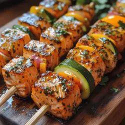 1. Cut the Salmon: Begin by cutting the salmon into even cubes, approximately 1-inch in size. This ensures that they cook evenly on the grill. If you're using skin-on salmon, it’s best to remove the skin for skewering.