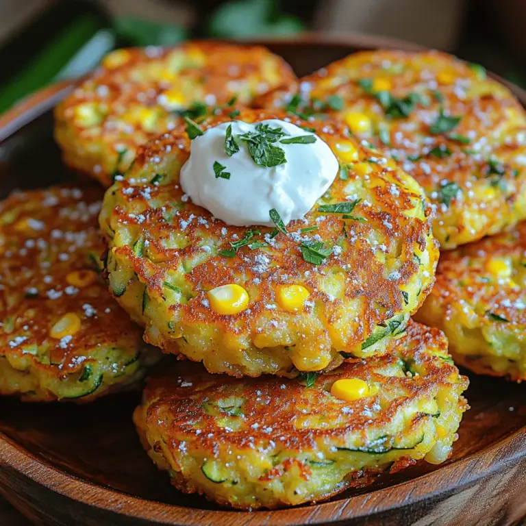 Golden Harvest Corn Zucchini Fritters are a delightful and wholesome dish that perfectly captures the essence of summer produce. These fritters are not just a feast for the eyes with their golden hue; they also bring a medley of flavors and textures that make them incredibly appealing. Whether served as an appetizer, a side dish, or a light main course, these fritters are versatile enough to fit into any meal. With the natural sweetness of corn and the mild, refreshing taste of zucchini, they create a harmonious balance that is both satisfying and nutritious.