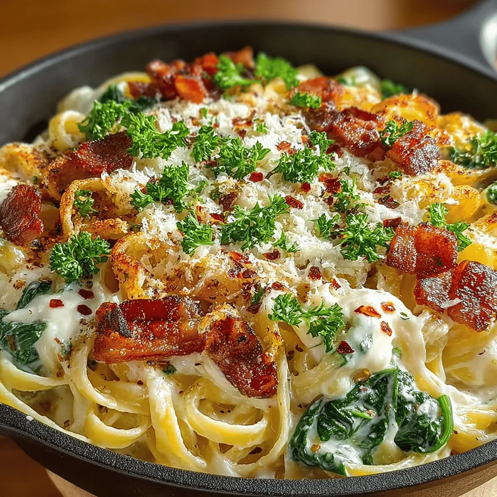 If you're on the lookout for a dish that combines comfort and sophistication, look no further than Creamy Bacon Spinach Alfredo Skillet. This recipe is a delightful fusion of creamy Alfredo sauce, crispy bacon, and vibrant spinach, creating a meal that is as pleasing to the palate as it is to the eye. With its rich flavors and inviting aroma, this one-pan dish is perfect for a quick weeknight dinner or a cozy weekend gathering with friends and family.