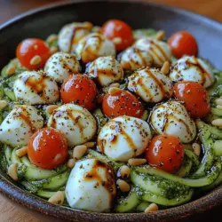 The Fresh Caprese Pesto Zoodle Bowl is a delightful culinary creation that encapsulates the essence of summer in every bite. It is a bright and flavorful dish that brings together the classic elements of a Caprese salad—fresh mozzarella, ripe tomatoes, and aromatic basil—while incorporating zucchini noodles, or "zoodles," as a wholesome and low-carb alternative to traditional pasta. As health-conscious dining continues to trend, this recipe stands out for its ability to provide a satisfying meal without the heaviness often associated with pasta dishes.