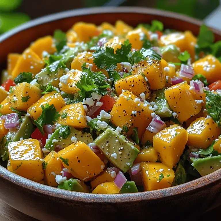 Tropical Delight: Fresh Mango Avocado Salad is a vibrant and refreshing dish that captures the essence of summer in every bite. This salad combines the luscious sweetness of ripe mangoes with the creamy richness of avocados, creating a delightful medley of flavors and textures. It appeals not only to the palate but also to the eye, making it a perfect addition to any gathering, picnic, or casual dinner. As people increasingly seek out healthy and nourishing meal options, this salad stands out for its use of fresh, quality ingredients that contribute both to its flavor and nutritional profile.