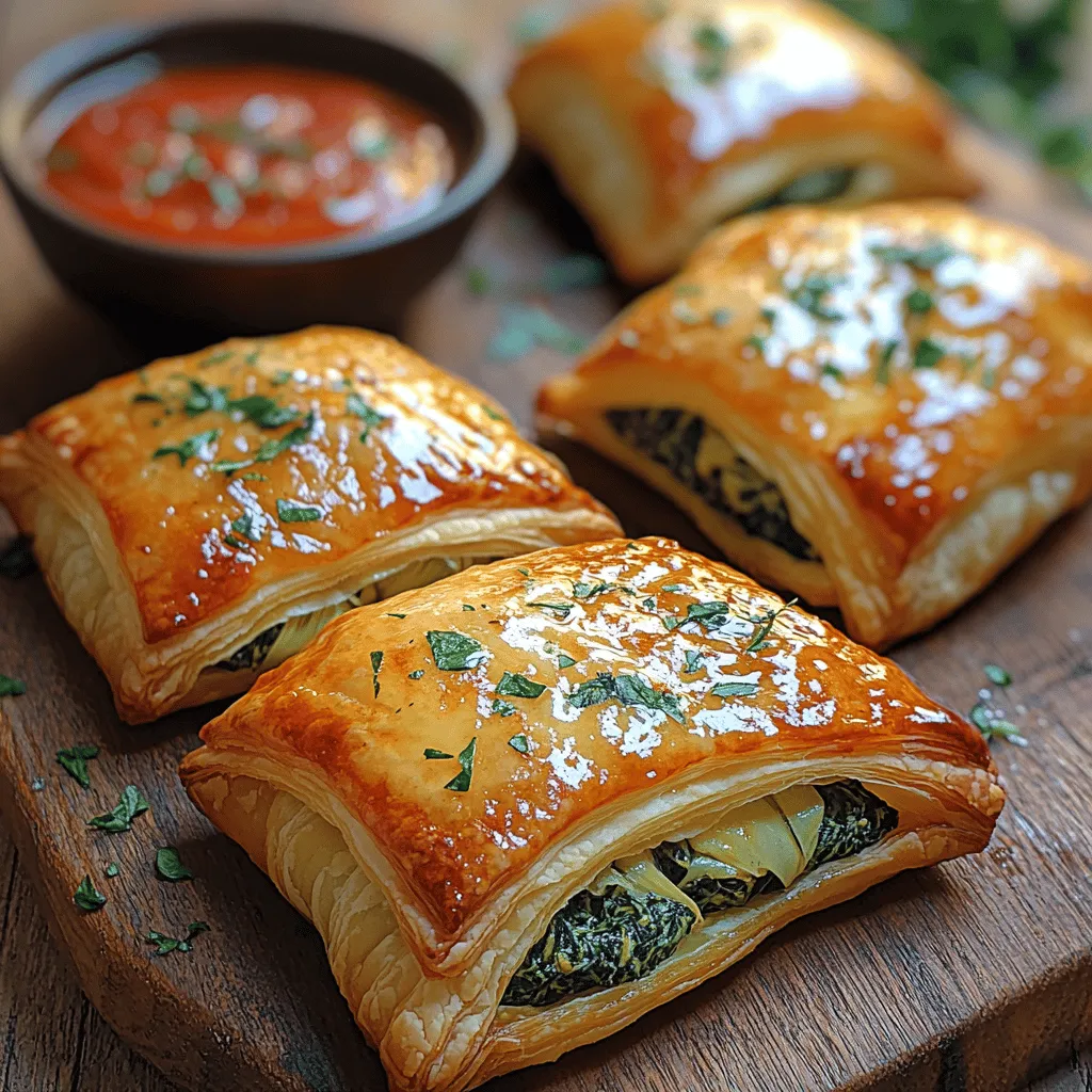 Spinach and artichoke dishes have garnered a devoted following across various cuisines, becoming a staple in many households and restaurants alike. Whether served as a creamy dip or incorporated into pasta, the harmonious blend of flavors from these two ingredients creates an irresistible experience for the palate. Among the myriad of interpretations, <strong>Crispy Spinach Artichoke Bites</strong> stand out as a delightful twist, showcasing the classic flavors in a fun, bite-sized format. Wrapped in golden, flaky puff pastry, these appetizers are sure to impress guests at any gathering or party.” /></p>
</p>
<h2>Instructions for Filling and Sealing the Pastry Bites</h2>
</p>
<p>Creating the perfect crispy spinach artichoke bites involves not just the right filling but also the proper technique for sealing the pastry. Here’s how you can do it:</p>
</p>
<p>1. <strong>Prepare Your Work Surface</strong>: Start with a clean, flat surface and lightly dust it with flour to prevent the pastry from sticking. This will make it easier to work with the dough.</p>
</p>
<p>2. <strong>Cut the Puff Pastry</strong>: Roll out your thawed puff pastry on the floured surface. Use a sharp knife or pizza cutter to slice the pastry into squares or circles, approximately 3 inches in diameter.</p>
</p>
<p>3. <strong>Fill the Pastry</strong>: Place about one tablespoon of the spinach artichoke mixture in the center of each pastry piece. Be careful not to overfill, as this can lead to leaks during baking.</p>
</p>
<p>4. <strong>Seal the Edges</strong>: To seal the pastries, fold the dough over the filling to create a triangle or a half-moon shape, depending on your initial cut shape. Press the edges together firmly. For an extra secure seal, use a fork to crimp the edges, creating a decorative design while ensuring the filling stays inside.</p>
</p>
<p>5. <strong>Prevent Leaks</strong>: To minimize the risk of leaks, ensure that your filling is not too watery. If using frozen spinach, be sure to thoroughly drain and squeeze out excess moisture. Additionally, avoid overfilling the pastry.</p>
</p>
<h2>Egg Wash Application</h2>
</p>
<p>Applying an egg wash is a crucial step in achieving perfectly golden and crispy bites. Here’s why it matters and how to do it effectively:</p>
</p>
<p>– <strong>Why Use an Egg Wash</strong>: An egg wash, made from beaten eggs mixed with a splash of water or milk, adds a beautiful sheen and enhances the color of the pastry as it bakes. It also helps the edges seal better, providing a crispy texture that elevates your bites.</p>
</p>
<p>– <strong>How to Apply</strong>: Use a pastry brush to gently coat the tops of the sealed pastry bites with the egg wash. Be careful not to let the wash drip down the sides, as this can affect how well the dough rises and bakes.</p>
</p>
<h2>Baking Process</h2>
</p>
<p>Getting the baking process right is essential for achieving that delightful crunch. Follow these steps:</p>
</p>
<p>1. <strong>Preheat Your Oven</strong>: Set your oven to 400°F (200°C). Preheating is vital for ensuring that the pastry bakes evenly and achieves the desired flakiness.</p>
</p>
<p>2. <strong>Arrange on a Baking Sheet</strong>: Place the prepared spinach artichoke bites on a baking sheet lined with parchment paper, ensuring they are spaced evenly apart to allow for proper air circulation.</p>
</p>
<p>3. <strong>Bake Until Golden</strong>: Bake the bites for about 20-25 minutes. Keep an eye on them during the last few minutes of baking. They are done when they are puffed and golden brown. A visual cue is the crispiness of the edges and the golden color on the tops.</p>
</p>
<h2>Serving Suggestions</h2>
</p>
<p>These crispy spinach artichoke bites are versatile and can be enjoyed in various ways. Here are some serving suggestions:</p>
</p>
<p>– <strong>Dipping Sauces</strong>: Pair your bites with complementary dipping sauces. Marinara sauce offers a tangy contrast, while ranch dressing provides a creamy texture that balances the flavors. You can also try a garlic aioli or a zesty yogurt dip for added variety.</p>
</p>
<p>– <strong>Beverage Pairings</strong>: Consider serving your bites with a selection of beverages. A chilled white wine, such as Sauvignon Blanc, complements the flavors beautifully. For non-alcoholic options, sparkling water with a slice of lemon or a refreshing iced tea can be ideal.</p>
</p>
<p>– <strong>Presentation Ideas</strong>: For gatherings, serve your spinach artichoke bites on a stylish platter. Garnish with fresh herbs like parsley or basil for an attractive touch. You can also consider arranging them on a wooden board alongside the dipping sauces for a rustic appeal.</p>
</p>
<h2>Nutritional Information</h2>
</p>
<p>Understanding the nutritional value of your crispy spinach artichoke bites can help you make informed choices. Here’s a general breakdown per serving (approximately 2 bites):</p>
</p>
<p>– <strong>Calories</strong>: 180</p>
<p>– <strong>Total Fat</strong>: 12g</p>
<p>– <strong>Saturated Fat</strong>: 5g</p>
<p>– <strong>Cholesterol</strong>: 40mg</p>
<p>– <strong>Sodium</strong>: 250mg</p>
<p>– <strong>Total Carbohydrates</strong>: 15g</p>
<p>– <strong>Dietary Fiber</strong>: 1g</p>
<p>– <strong>Sugars</strong>: 1g</p>
<p>– <strong>Protein</strong>: 4g</p>
</p>
<h3>Making It Healthier</h3>
</p>
<p>If you’re looking to make this recipe healthier, consider the following substitutions:</p>
</p>
<p>– <strong>Low-Fat Dairy Options</strong>: Use low-fat cream cheese and Greek yogurt instead of full-fat versions. These swaps can significantly reduce the calorie and fat content while still providing creaminess.</p>
</p>
<p>– <strong>Gluten-Free Alternatives</strong>: For those who need gluten-free options, look for gluten-free puff pastry available in stores. Alternatively, you can create a filling using gluten-free breadcrumbs or crushed gluten-free crackers.</p>
</p>
<h2>Variations and Customizations</h2>
</p>
<p>Feel free to get creative with your crispy spinach artichoke bites! Here are some ideas for variations and customizations:</p>
</p>
<p>– <strong>Ingredient Swaps</strong>: Experiment with different cheeses, such as feta or goat cheese, for a unique flavor profile. Adding fresh herbs like dill or basil can enhance the taste further.</p>
</p>
<p>– <strong>Vegetarian and Vegan Options</strong>: To make the bites vegetarian-friendly, simply omit any meat ingredients, as the original recipe is already plant-based. For a vegan version, swap the egg wash for a mixture of almond milk and cornstarch and use vegan cheese in the filling.</p>
</p>
<p>– <strong>Creative Twists</strong>: Consider adding spices such as crushed red pepper flakes for a kick or incorporating finely chopped vegetables like bell peppers or mushrooms for added texture and flavor.</p>
</p>
<h2>Conclusion</h2>
</p>
<p>In summary, making crispy spinach artichoke bites is not only an enjoyable culinary experience but also a fantastic way to impress your guests with delicious homemade appetizers. Their versatility makes them suitable for various occasions, from casual gatherings to elegant parties. With an array of dipping sauces, beverage pairings, and presentation ideas, you can elevate your serving game.</p>
</p>
<p>By following the steps outlined in this recipe and incorporating your personal touch, you’ll discover the joy of creating these delightful bites. So gather your ingredients, roll up your sleeves, and enjoy the satisfaction of baking your own crispy spinach artichoke bites that everyone will love.</p>
</div>