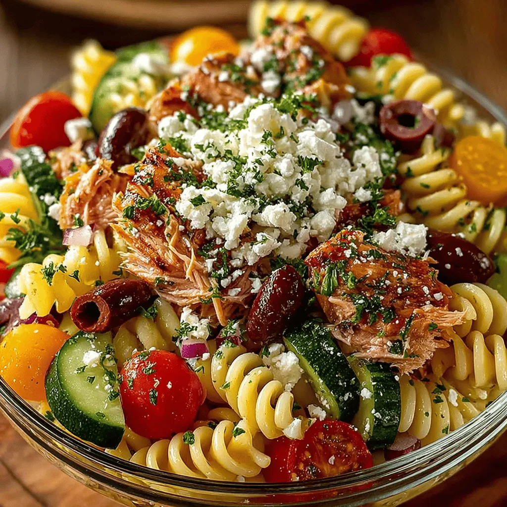 At the heart of the Chilled Mediterranean Tuna Pasta Salad are key ingredients that not only enhance flavor but also contribute significantly to overall health. The primary components include rotini or fusilli pasta, canned tuna in olive oil, fresh vegetables like cherry tomatoes, cucumbers, and bell peppers, Kalamata olives, feta cheese, fresh parsley, and a dressing made from olive oil and red wine vinegar. Each element plays a vital role in creating a balanced and satisfying dish.