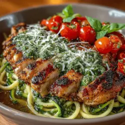 In the realm of modern cuisine, the Grilled Chicken Pesto Zoodle Bowl stands out as a vibrant and health-conscious dish that perfectly embodies the principles of flavor and nutrition. This meal is not just a feast for the eyes but also a powerhouse of wholesome ingredients. With its combination of tender grilled chicken, fresh and aromatic pesto, and nutrient-rich zucchini noodles, this dish offers a delightful alternative to traditional pasta dishes, making it an attractive option for anyone seeking to maintain a balanced diet without sacrificing taste.