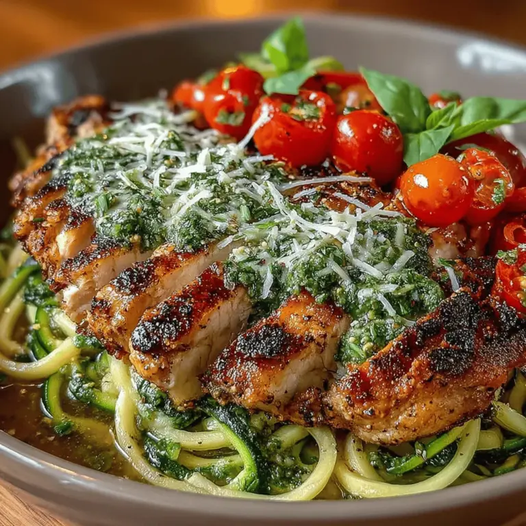 In the realm of modern cuisine, the Grilled Chicken Pesto Zoodle Bowl stands out as a vibrant and health-conscious dish that perfectly embodies the principles of flavor and nutrition. This meal is not just a feast for the eyes but also a powerhouse of wholesome ingredients. With its combination of tender grilled chicken, fresh and aromatic pesto, and nutrient-rich zucchini noodles, this dish offers a delightful alternative to traditional pasta dishes, making it an attractive option for anyone seeking to maintain a balanced diet without sacrificing taste.