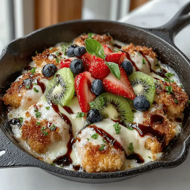 The Fruity Delight Pizza Chicken Skillet is a creative and delicious dish that redefines the traditional pizza experience. This unique recipe showcases a delightful combination of savory chicken, zesty pizza sauce, melted cheese, and a colorful assortment of fresh fruits that come together in one skillet for a quick and satisfying meal. Ideal for busy families and casual gatherings, this dish offers the perfect balance of flavors and textures, making it an exciting addition to any dinner table.