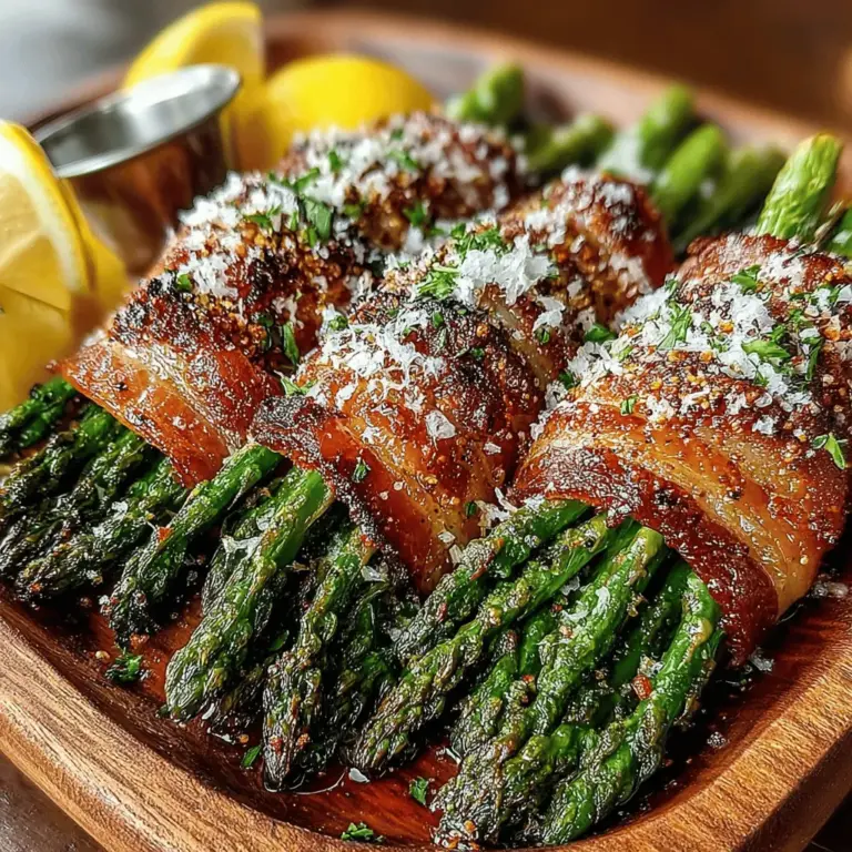 Bacon-Wrapped Asparagus Bundles are a culinary delight that seamlessly combines the savory richness of bacon with the fresh, vibrant taste of asparagus. This dish stands out as an elegant appetizer or side dish, making it perfect for any occasion, from casual gatherings to formal dinners. Its visual appeal is undeniable, with the crisp, golden bacon encasing the bright green asparagus spears, creating a dish that is not only delicious but also a feast for the eyes.