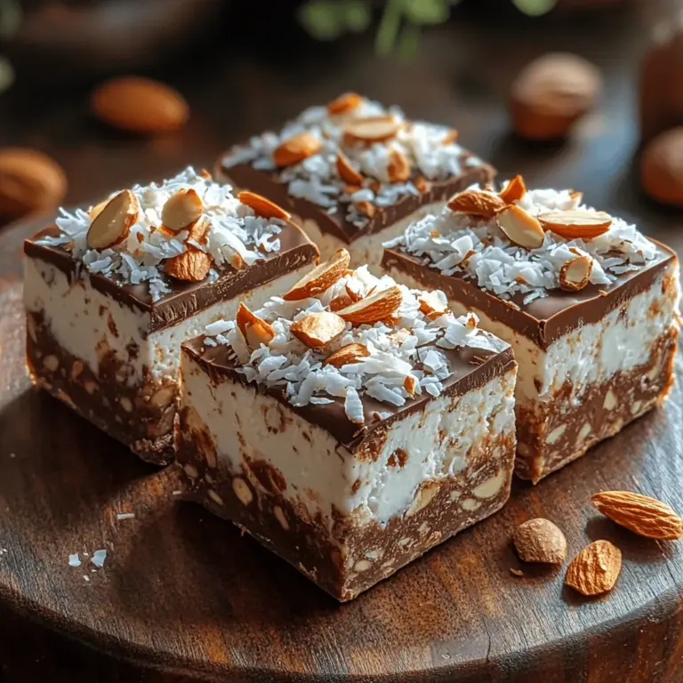 In a world where dessert often means sugar-laden treats that can derail even the best intentions, the Frozen Yogurt Almond Joy Squares offer a delightful alternative. Inspired by the classic Almond Joy candy bar, this recipe transforms indulgent flavors into a healthier frozen dessert that satisfies your sweet tooth without the guilt. With a base of creamy Greek yogurt, the squares are enriched with the nutty crunch of almonds, the tropical sweetness of coconut, and a hint of chocolate that brings everything together.
