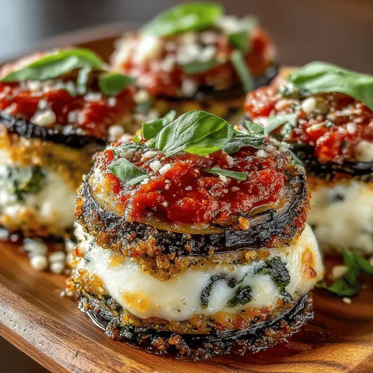 Mini Eggplant Rollatini Stacks is a delightful vegetarian recipe that captures the essence of Italian cuisine while providing a modern twist. This dish features tender slices of eggplant rolled around a creamy ricotta filling, layered with rich marinara sauce and topped with gooey mozzarella and parmesan cheeses. Not only does it tantalize the taste buds, but it also embodies a beautiful presentation, making it an ideal choice for both casual family dinners and elegant gatherings.