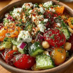 Once you have mixed your base ingredients of chickpeas, cucumber, and red onion, it’s time to elevate your salad with feta cheese and fresh parsley. Feta cheese adds a creamy, tangy flavor that perfectly complements the crispness of the cucumbers and the heartiness of the chickpeas. When selecting feta cheese, it’s crucial to choose a high-quality option for the best taste. Opt for feta that is packed in brine or oil; this ensures optimal freshness and flavor. Look for brands that are made from sheep's milk or a sheep-goat milk blend for a richer taste.