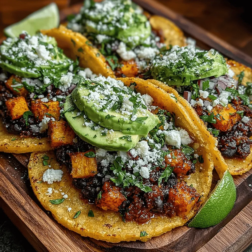 - 2 medium sweet potatoes, peeled and diced - 1 can (15 oz) black beans, drained and rinsed - 2 tablespoons olive oil - 1 teaspoon cumin - 1 teaspoon smoked paprika - 1 teaspoon chili powder - Salt and pepper to taste - 8 small corn or flour tortillas - 1 avocado, sliced - Fresh cilantro, chopped - Lime wedges for serving