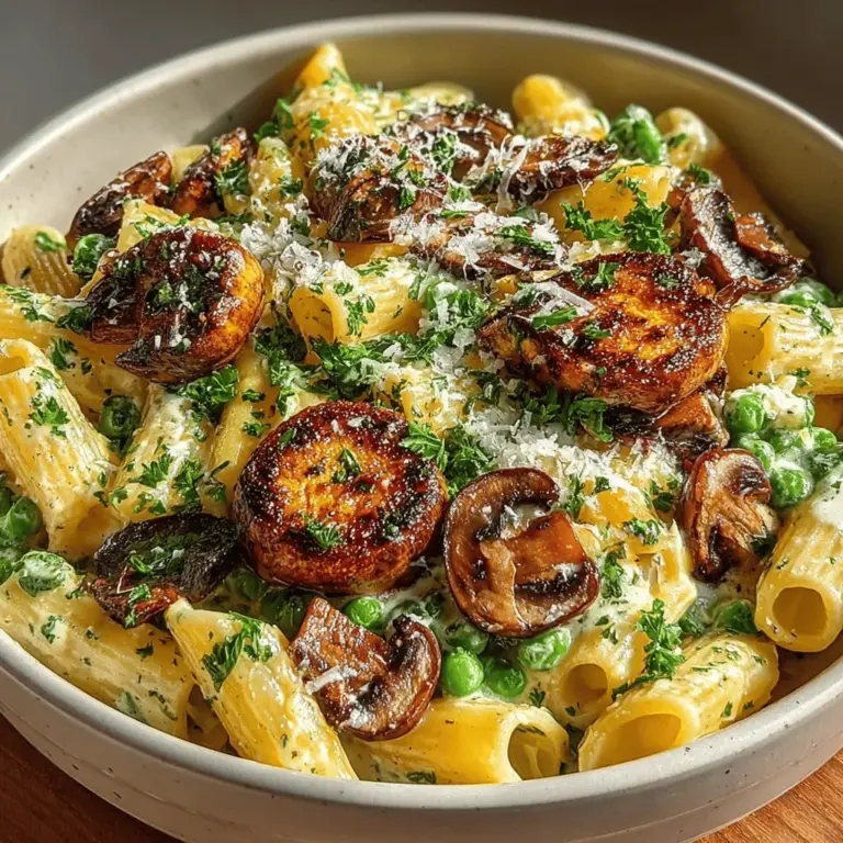 - 8 ounces of pasta (whole grain or gluten-free) - 2 tablespoons of olive oil - 1 medium onion, diced - 2 cloves of garlic, minced - 8 ounces of mushrooms, sliced - 1 cup of frozen peas - 4 cups of vegetable broth (low-sodium) - 1 cup of heavy cream or coconut cream - 1 teaspoon of dried thyme - 1 teaspoon of dried oregano - Salt and pepper, to taste - ½ cup of grated Parmesan cheese or nutritional yeast (for a vegan option) - Fresh parsley, chopped (for garnish)